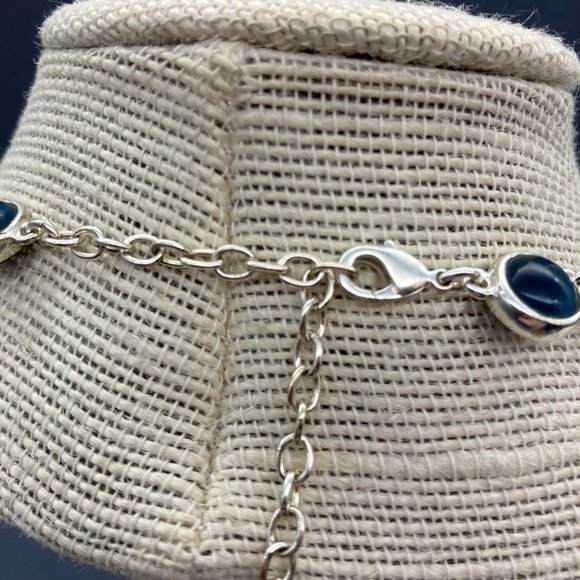 Teal Silver Bezeled Necklace As Is Dark Blue Round Chain Graduated Retro BoHo - Picture 5 of 8